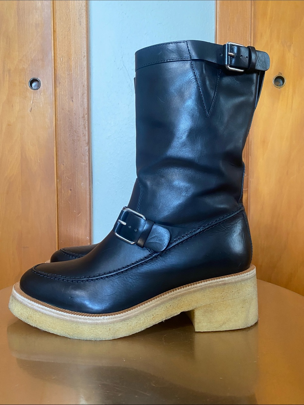 Tamara Mellon Black Leather Mid-Calf Buckle Moto Boots Crepe Sole Designer Lux